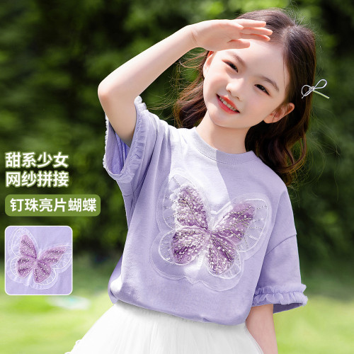 女童純棉短袖t恤2025夏季新款中大童裝洋氣女孩夏裝百搭上衣小衫