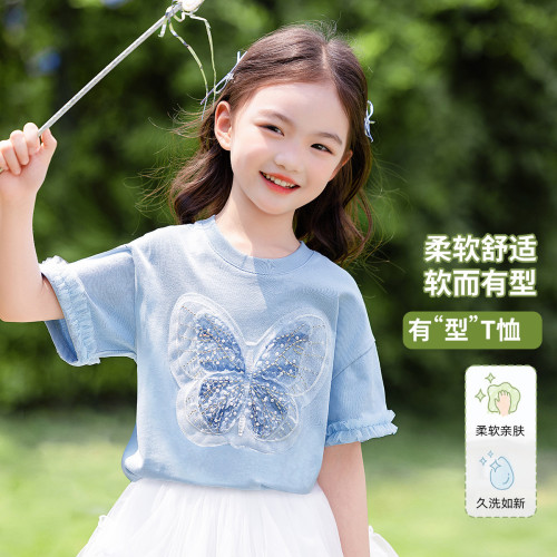 女童純棉短袖t恤2025夏季新款中大童裝洋氣女孩夏裝百搭上衣小衫