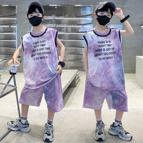男童無袖套裝純棉寬松紥染洋氣短褲背心兩件套2025新款中大童夏裝