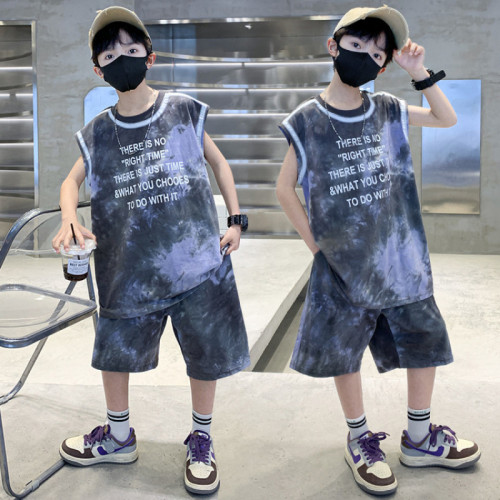 男童無袖套裝純棉寬松紥染洋氣短褲背心兩件套2025新款中大童夏裝