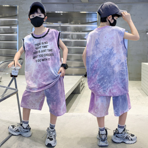 男童無袖套裝純棉寬松紥染洋氣短褲背心兩件套2025新款中大童夏裝