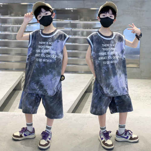 男童無袖套裝純棉寬松紥染洋氣短褲背心兩件套2025新款中大童夏裝