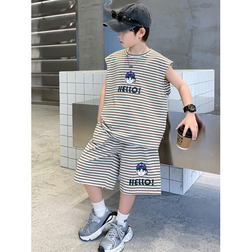 男童套裝夏裝2025新款中大童男孩夏季無袖短褲兩件套男孩條紋衣服