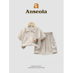 法國anseola男童夏季半拉鍊套裝兒童運動Polo衫小風車純色兩件套