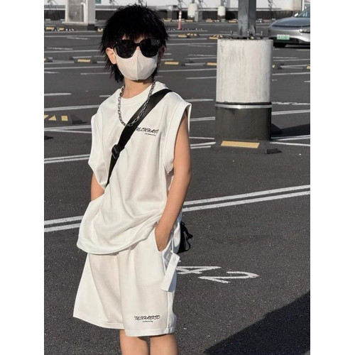 男童夏季無袖坎肩套裝2025新款中大童純色帥氣兒童運動洋氣兩件套