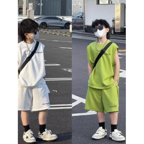 男童夏季無袖坎肩套裝2025新款中大童純色帥氣兒童運動洋氣兩件套