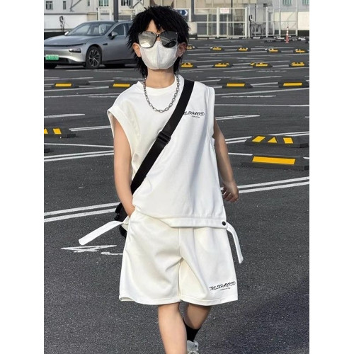 男童夏季無袖坎肩套裝2025新款中大童純色帥氣兒童運動洋氣兩件套