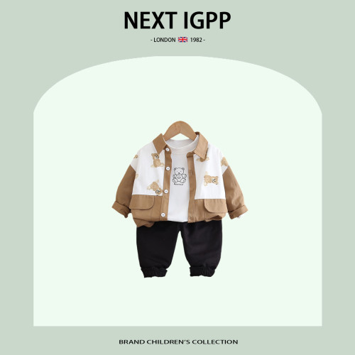英國NEXT IGPP秋裝新款翻領小熊襯衫三件套卡通套裝男童長袖套裝