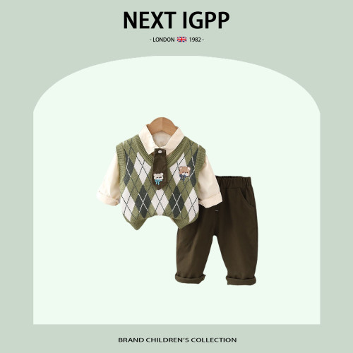 英國NEXT IGPP韓版男童套裝領帶襯衫長袖學院風菱形背心三件套裝