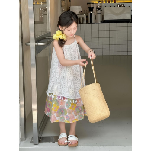 女童連衣裙夏季2025新款兒童洋氣蕾絲吊帶裙碎花裙兩件套公主裙子