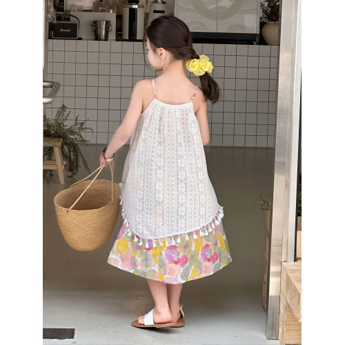 女童連衣裙夏季2025新款兒童洋氣蕾絲吊帶裙碎花裙兩件套公主裙子