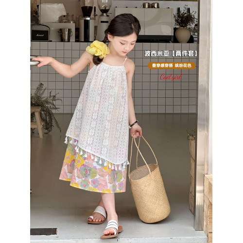 女童連衣裙夏季2025新款兒童洋氣蕾絲吊帶裙碎花裙兩件套公主裙子