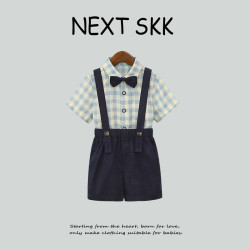 英國NEXT SKK夏季兒童格子襯衫背帶褲套裝男童周嵗禮服花童演出服