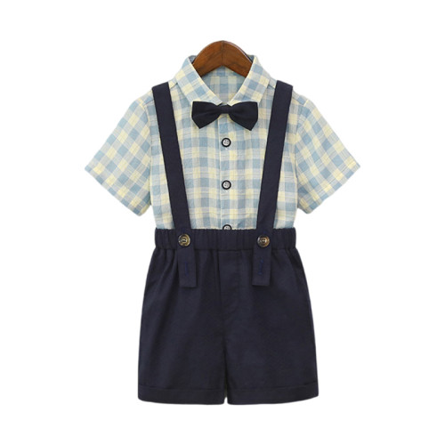 英國NEXT SKK夏季兒童格子襯衫背帶褲套裝男童周嵗禮服花童演出服