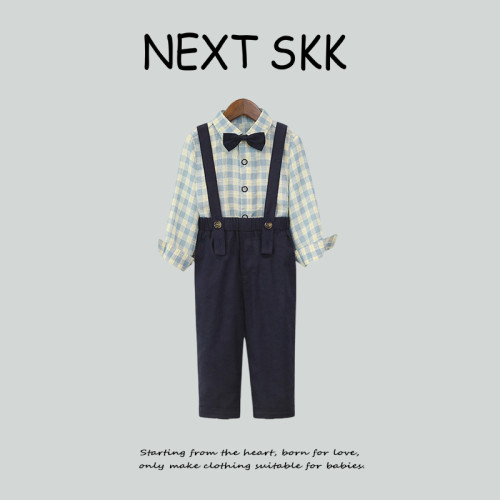 英國NEXT SKK夏季兒童格子襯衫背帶褲套裝男童周嵗禮服花童演出服