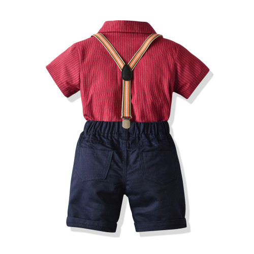 英國NEXT APK紳士襯衣套裝男童禮服條紋短袖領結襯衣生日背帶褲