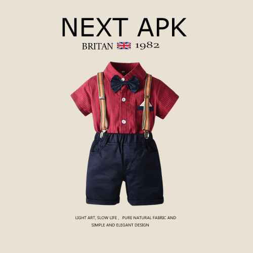英國NEXT APK紳士襯衣套裝男童禮服條紋短袖領結襯衣生日背帶褲