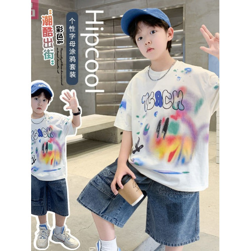 男童夏裝短袖T恤2025新款大童夏季薄款潮酷漸變兒童純棉半袖上衣t