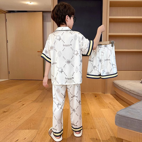 男童睡衣夏季薄款冰絲短袖套裝兒童男孩卡通大童青少年家居服涼爽