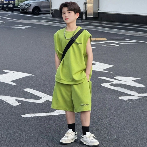 男童套裝夏裝2025新款男中大童夏裝韓版T恤短褲無袖潮帥氣兩件套
