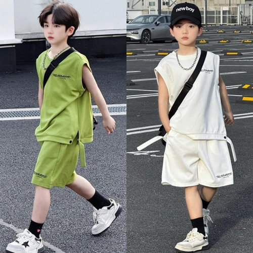 男童套裝夏裝2025新款男中大童夏裝韓版T恤短褲無袖潮帥氣兩件套