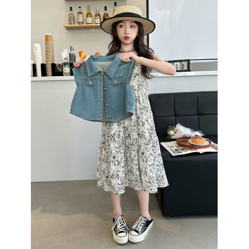 女童連衣裙夏裝2025新款洋氣兒童裙子女大童吊帶裙牛仔馬甲兩件套