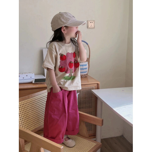 女童夏款短袖套裝2024女寶純棉寬松T恤+火龍果長褲上衣褲子兩件套