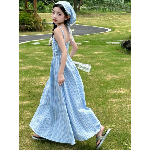 女童連衣裙夏季新款兒童田園風長裙女孩格子吊帶裙女大童裙子法式