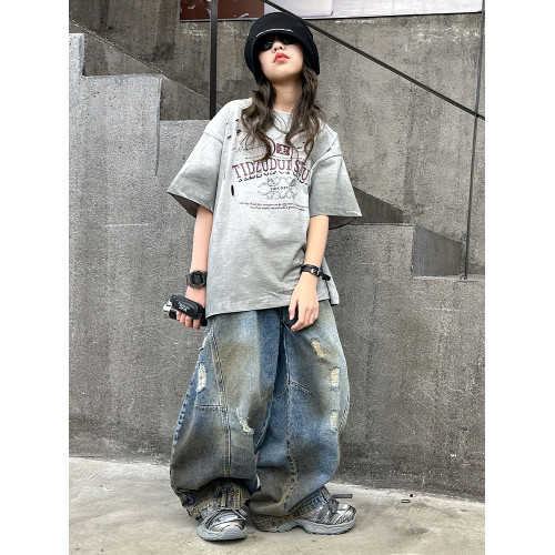 女童嘻哈短袖t恤兒童夏季寬松上衣9女孩網紅跳舞破洞半袖潮酷穿搭