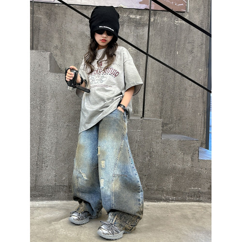 女童嘻哈短袖t恤兒童夏季寬松上衣9女孩網紅跳舞破洞半袖潮酷穿搭
