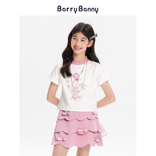 BarryBanny女童貓咪純棉短袖T恤2025夏款印花圓領吸溼透氣上衣