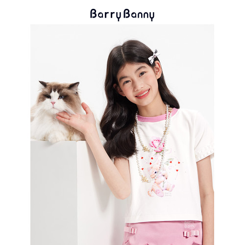 BarryBanny女童貓咪純棉短袖T恤2025夏款印花圓領吸溼透氣上衣