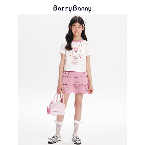 BarryBanny女童貓咪純棉短袖T恤2025夏款印花圓領吸溼透氣上衣