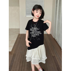 女童夏裝連衣裙2025新款洋氣兒童夏季短袖T恤女孩休閒拼接裙子潮
