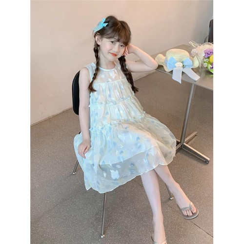 女童無袖連衣裙夏裝2024新款洋氣兒童夏季裙子女孩碎花公主