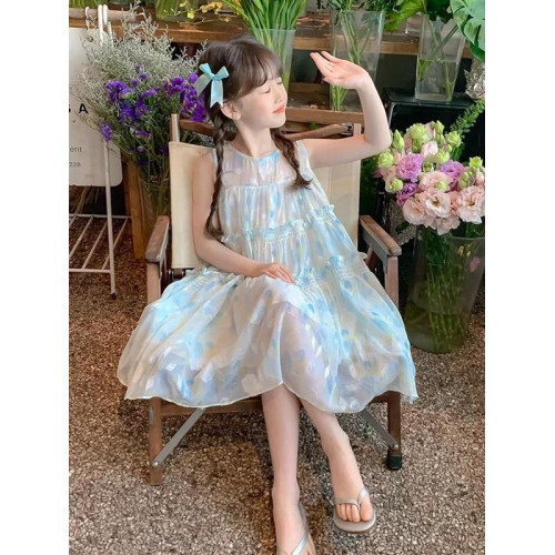 女童無袖連衣裙夏裝2024新款洋氣兒童夏季裙子女孩碎花公主