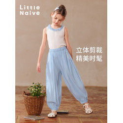 Little Naive兒童T恤夏季新款撞色木耳邊背心女童防曬涼感上衣