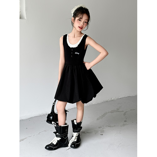 女童夏季連衣裙2025新款女大童韓系穿搭高級感小黑裙兒童無袖裙子