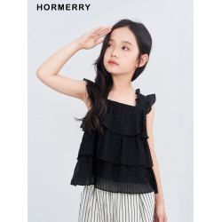 赫米童裝 2025夏季新款兒童小飛袖花邊蛋糕襯衫女童吊帶小衫森系