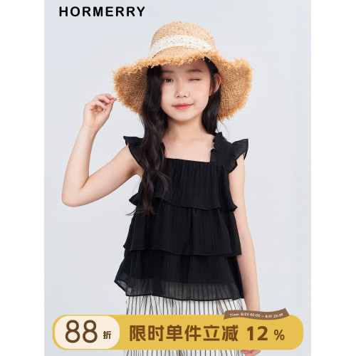 赫米童裝 2025夏季新款兒童小飛袖花邊蛋糕襯衫女童吊帶小衫森系