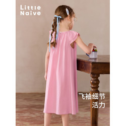 Little Naive女童夏季新款甜美連衣裙兒童雙層花邊袖萊賽爾裙子