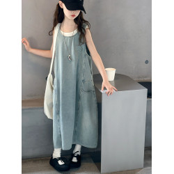 女童夏季無袖連衣裙2025新款洋氣大童女孩寬松夏款牛仔背心裙長裙
