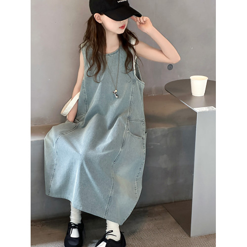 女童夏季無袖連衣裙2025新款洋氣大童女孩寬松夏款牛仔背心裙長裙