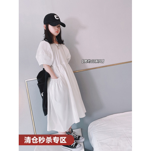 女童泡泡袖連衣裙2025夏裝新款女大童韓版白色洋氣公主裙兒童裙子