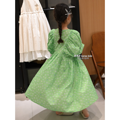 韓國女童碎花泡泡袖連衣裙2025夏季新款女孩兒童網紅甜美綠色長裙