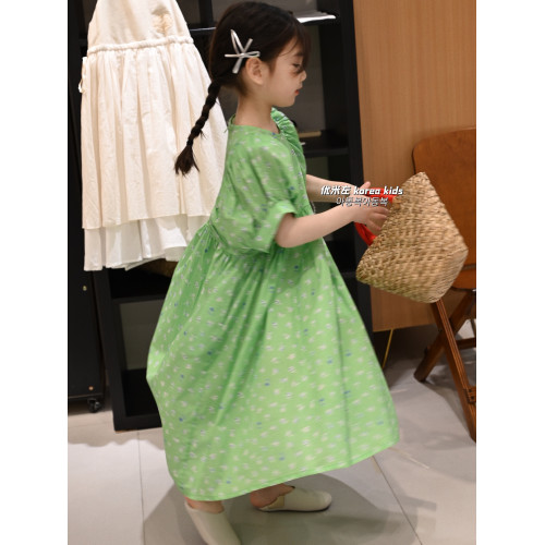 韓國女童碎花泡泡袖連衣裙2025夏季新款女孩兒童網紅甜美綠色長裙