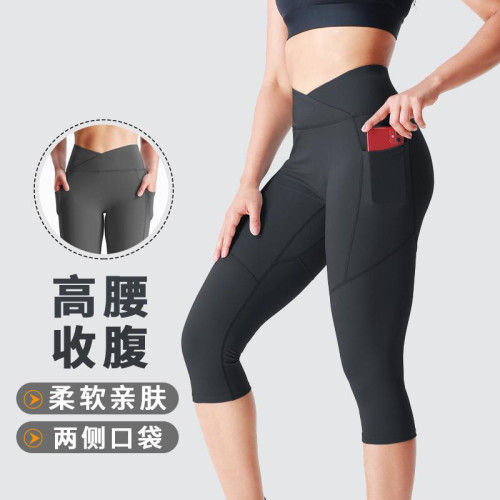 跑步速乾七分褲女高腰翹臀緊身褲瑜伽褲帶手機口袋高彈顯瘦運動褲