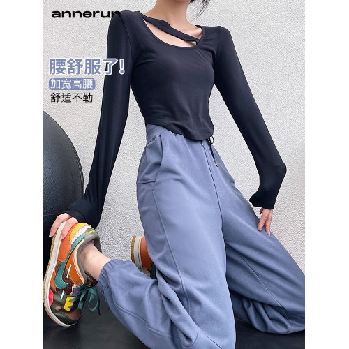 annerun高腰運動褲女跑步束腳健身哈倫褲寬松休閒顯瘦速乾瑜伽褲