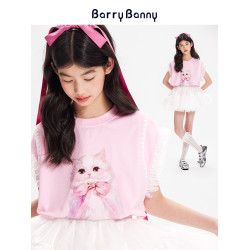 BarryBanny女童粉色小貓T恤蕾絲短袖2025夏季新款兒童粉色上衣