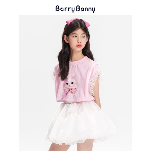 BarryBanny女童粉色小貓T恤蕾絲短袖2025夏季新款兒童粉色上衣